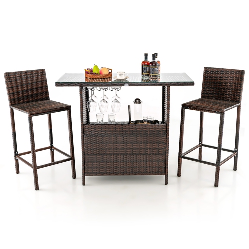 Costway Patio 3PCS Wicker Bar Set Height Table Two Stools with 3 Rows Stemware Racks Garden