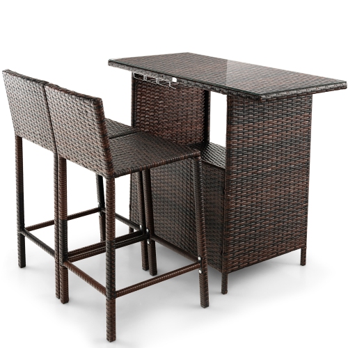 Costway Patio 3PCS Wicker Bar Set Height Table Two Stools with 3 Rows Stemware Racks Garden