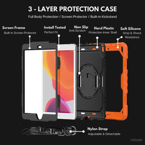 Navor 10.2" Full Body Shockproof Rugged Protective iPad Cover with Pen Holder - for iPad 9th/8th/7th Gen Heavy Duty Cases with Screen Protector