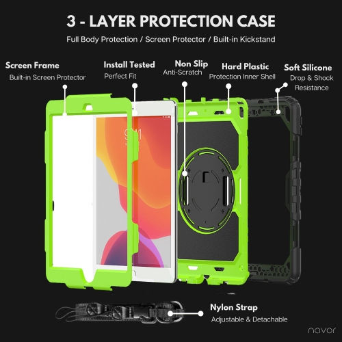 Navor 10.2" Full Body Shockproof Rugged Protective iPad Cover with Pen Holder - for iPad 9th/8th/7th Gen Heavy Duty Cases with Screen Protector