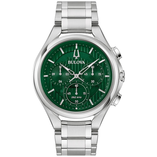 BULOVA  Mens Curv HPq Watch 44MM Silver-Tone Stainless Steel Case And Bracelet With Dial (96A297) In Green