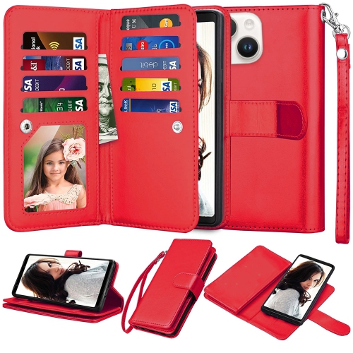 XCRS  Apple Iphone 13 (6.1) Wallet Pouch Case, Detachable Magnet Phone Cover, Store 9 Cards, Pu Leather Flip Cover w Kickstand Magnetic Closure