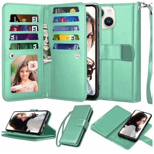 XCRS  Apple Iphone 13 (6.1) Wallet Pouch Case, Detachable Magnet Phone Cover, Store 9 Cards, Pu Leather Flip Cover w Kickstand Magnetic Closure