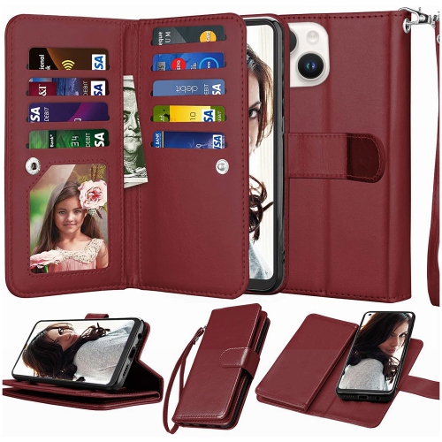 XCRS  Apple Iphone 13 (6.1) Wallet Pouch Case, Detachable Magnet Phone Cover, Store 9 Cards, Pu Leather Flip Cover w Kickstand Magnetic Closure