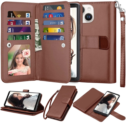 XCRS  Apple Iphone 13 (6.1) Wallet Pouch Case, Detachable Magnet Phone Cover, Store 9 Cards, Pu Leather Flip Cover w Kickstand Magnetic Closure