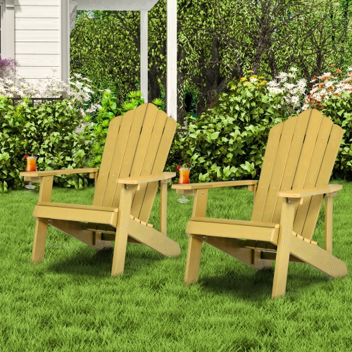 Topbuy 2PCS Adirondack Chair HIPS Adirondack Chair w/Cup Holder Realistic Wood Grain Weather Resistant Outdoor Chair for 380 LBS Weight Capacity