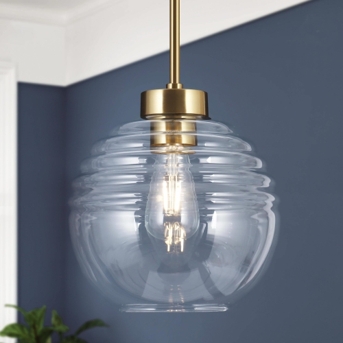 Modern Kitchen Island Pendant Light 1-Light Brass Gold Pendant Lighting with Clear Striped Glass Shade