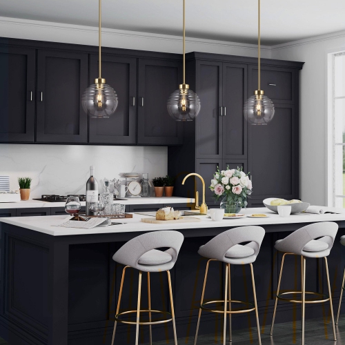 Modern Kitchen Island Pendant Light 1-Light Brass Gold Pendant Lighting with Clear Striped Glass Shade