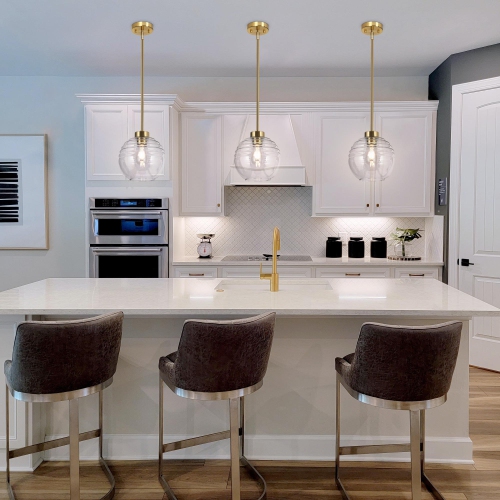 Modern Kitchen Island Pendant Light 1-Light Brass Gold Pendant Lighting with Clear Striped Glass Shade