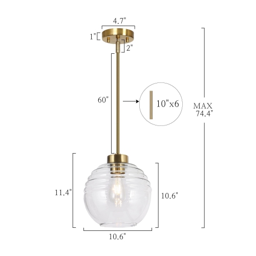 Modern Kitchen Island Pendant Light 1-Light Brass Gold Pendant Lighting with Clear Striped Glass Shade