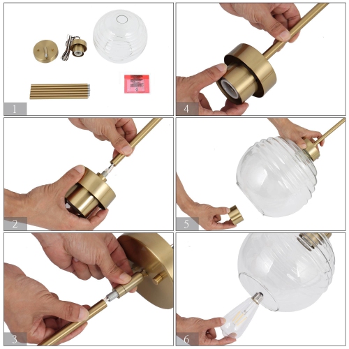 Modern Kitchen Island Pendant Light 1-Light Brass Gold Pendant Lighting with Clear Striped Glass Shade