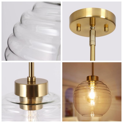 Modern Kitchen Island Pendant Light 1-Light Brass Gold Pendant Lighting with Clear Striped Glass Shade