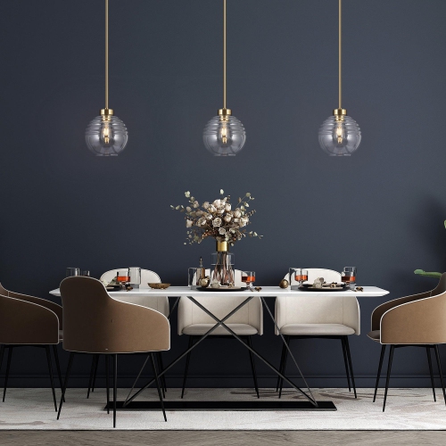 Modern Kitchen Island Pendant Light 1-Light Brass Gold Pendant Lighting with Clear Striped Glass Shade