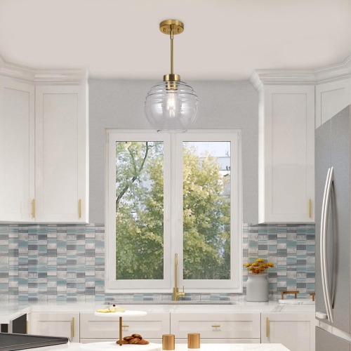Modern Kitchen Island Pendant Light 1-Light Brass Gold Pendant Lighting with Clear Striped Glass Shade