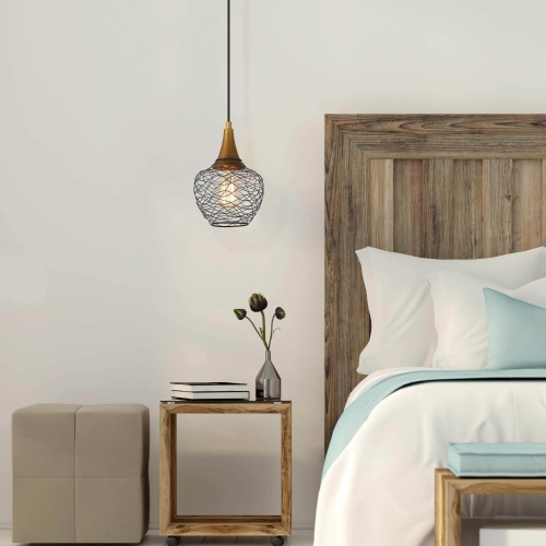 Modern Lantern Ceiling Pendant Light, Antique Gold and Black Rattan Cage Modern/Contemporary Lantern LED Mini Hanging Convertible Pendant/semi-flush