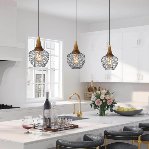 Modern Lantern Ceiling Pendant Light, Antique Gold and Black Rattan Cage Modern/Contemporary Lantern LED Mini Hanging Convertible Pendant/semi-flush