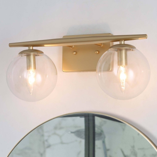 Modern Globe Bathroom Vanity Light, 16-in 2-Light Matte Gold with Globe Glass LED Transitional Vanity Light
