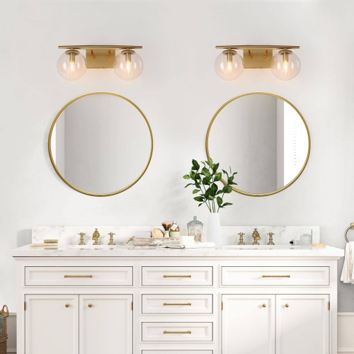 Modern Globe Bathroom Vanity Light, 16-in 2-Light Matte Gold with Globe Glass LED Transitional Vanity Light