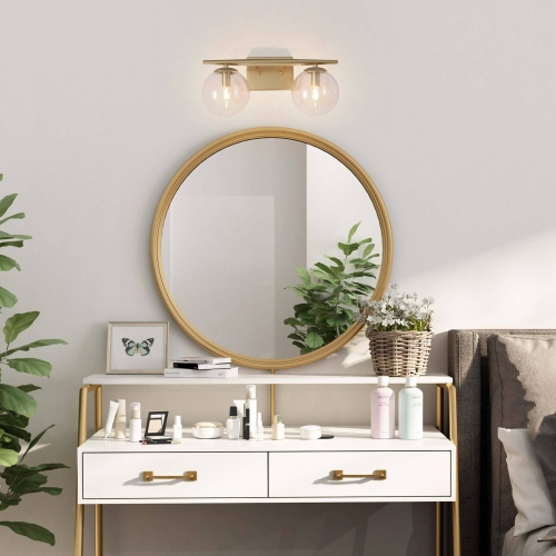 Modern Globe Bathroom Vanity Light, 16-in 2-Light Matte Gold with Globe Glass LED Transitional Vanity Light