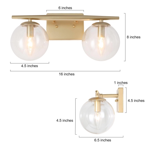 Modern Globe Bathroom Vanity Light, 16-in 2-Light Matte Gold with Globe Glass LED Transitional Vanity Light