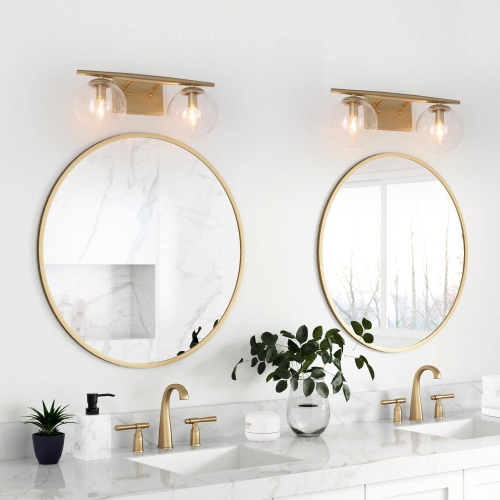Modern Globe Bathroom Vanity Light, 16-in 2-Light Matte Gold with Globe Glass LED Transitional Vanity Light