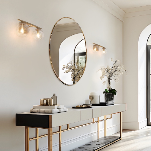 Modern Globe Bathroom Vanity Light, 16-in 2-Light Matte Gold with Globe Glass LED Transitional Vanity Light