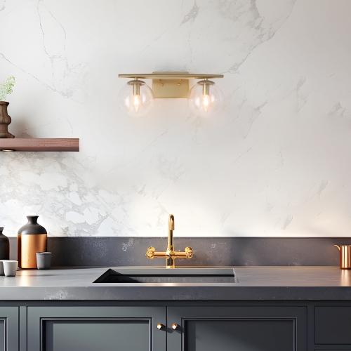 Modern Globe Bathroom Vanity Light, 16-in 2-Light Matte Gold with Globe Glass LED Transitional Vanity Light