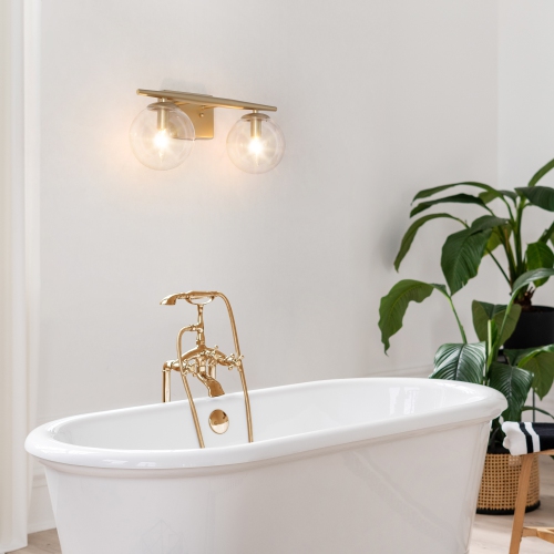 Modern Globe Bathroom Vanity Light, 16-in 2-Light Matte Gold with Globe Glass LED Transitional Vanity Light