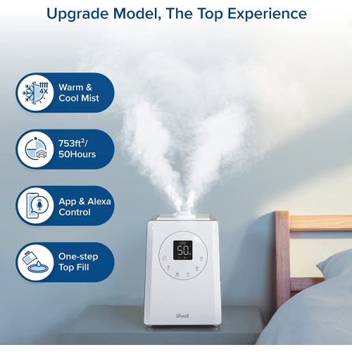 LEVOIT Humidifiers For Bedroom Large Room Home, 6L Top Fill Warm and Cool Mist for Whole House, Smart Wifi Alexa Control, Customized Humidity,