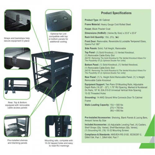 TechCraft - Armoire Audio Visuelle 36U, 23.6" de Profondeur, Porte avec Serrure, Assemblé, Noir