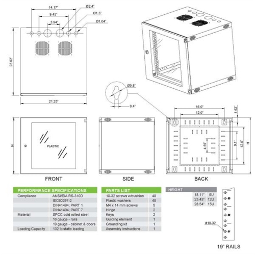 TechCraft - Cabinet Réseaux Murale Fixe 9U, Porte en Plexiglass avec Serrure, Noir