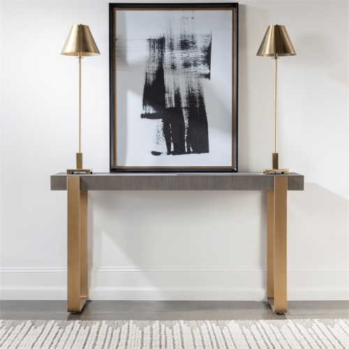 Uttermost Kea Contemporary MDF Ash Veneer Iron Console Table in Brass/Woodtone