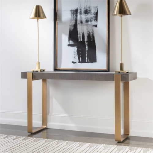 Uttermost Kea Contemporary MDF Ash Veneer Iron Console Table in Brass/Woodtone