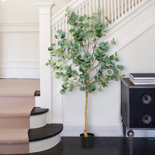 Topbuy 5.5FT Artificial Eucalyptus Tree in Plastic Nursery Pot Tall Fake Eucalyptus Plants with 517 Silver Dollar Leaves for Indoor Outdoor