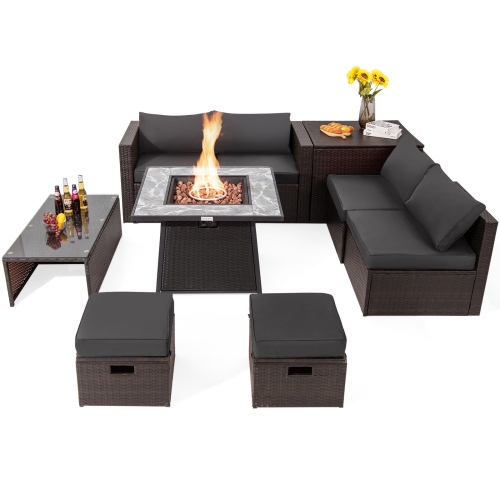 TOPBUY  9 Pieces Outdoor Patio Furniture Set \w 35-Inch Propane Fire Pit Table Outdoor Pe Wicker Space-Saving Sectional Sofa Set \w Storage Box And