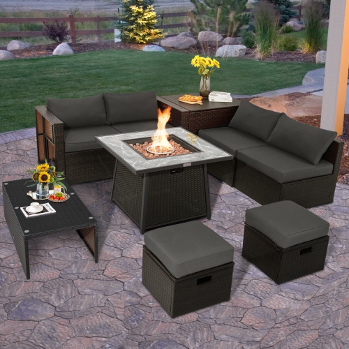 Topbuy 9 Pieces Outdoor Patio Furniture Set with 35-Inch Propane Fire Pit Table Outdoor PE Wicker Space-Saving Sectional Sofa Set with Storage Box