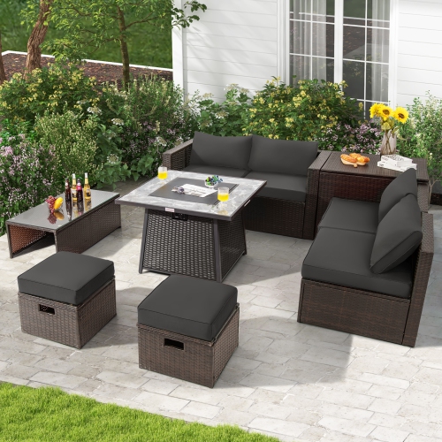 Topbuy 9 Pieces Outdoor Patio Furniture Set with 35-Inch Propane Fire Pit Table Outdoor PE Wicker Space-Saving Sectional Sofa Set with Storage Box