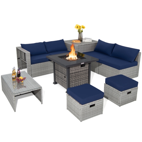 TOPBUY  9 Pieces Outdoor Patio Furniture Set \w 32-Inch Propane Fire Pit Table Outdoor Pe Wicker Space-Saving Sectional Sofa Set \w Storage Box And