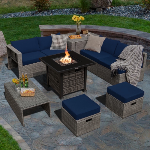 Topbuy 9 Pieces Outdoor Patio Furniture Set with 32-Inch Propane Fire Pit Table Outdoor PE Wicker Space-Saving Sectional Sofa Set with Storage Box