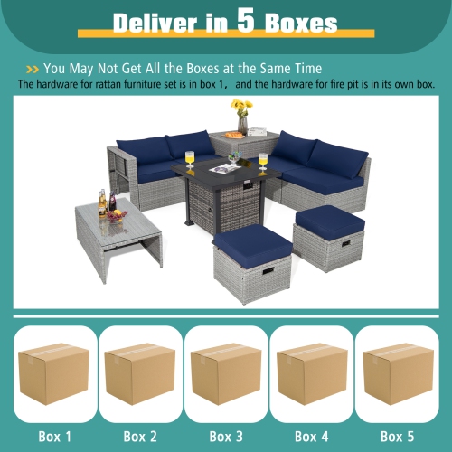 Topbuy 9 Pieces Outdoor Patio Furniture Set with 32-Inch Propane Fire Pit Table Outdoor PE Wicker Space-Saving Sectional Sofa Set with Storage Box