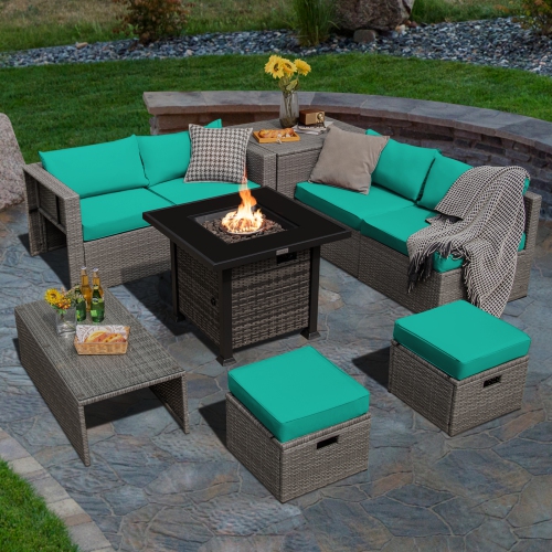 Topbuy 9 Pieces Outdoor Patio Furniture Set with 32-Inch Propane Fire Pit Table Outdoor PE Wicker Space-Saving Sectional Sofa Set with Storage Box