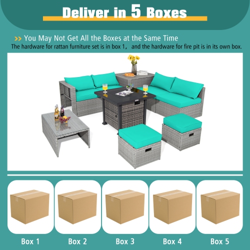 Topbuy 9 Pieces Outdoor Patio Furniture Set with 32-Inch Propane Fire Pit Table Outdoor PE Wicker Space-Saving Sectional Sofa Set with Storage Box