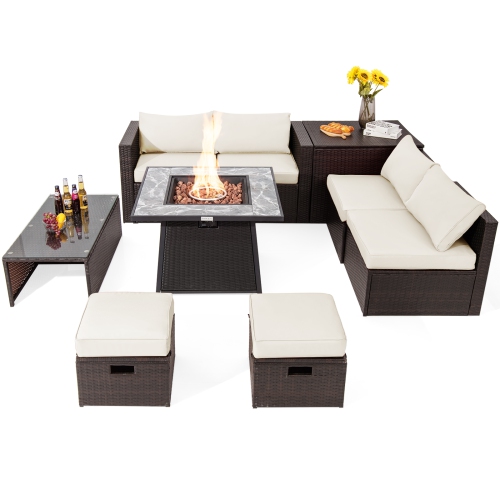 TOPBUY  9 Pieces Outdoor Patio Furniture Set \w 35-Inch Propane Fire Pit Table Outdoor Pe Wicker Space-Saving Sectional Sofa Set \w Storage Box And