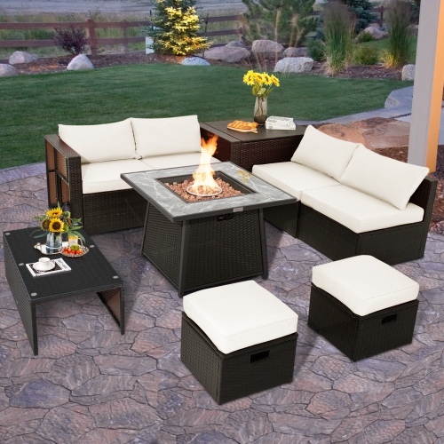 Topbuy 9 Pieces Outdoor Patio Furniture Set with 35-Inch Propane Fire Pit Table Outdoor PE Wicker Space-Saving Sectional Sofa Set with Storage Box