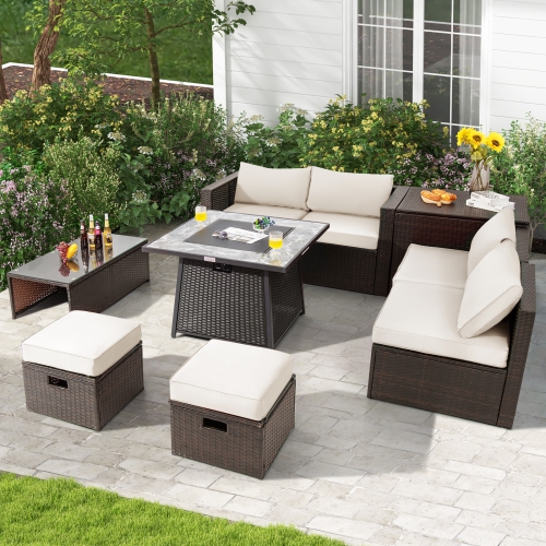 Topbuy 9 Pieces Outdoor Patio Furniture Set with 35-Inch Propane Fire Pit Table Outdoor PE Wicker Space-Saving Sectional Sofa Set with Storage Box
