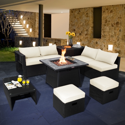 Topbuy 9 Pieces Outdoor PE Rattan Wicker Sectional Sofa with 35-Inch Gas Fire Pit Table Space-Saving Patio Conversation Set with Storage Box
