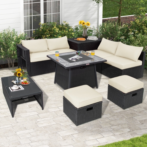 Topbuy 9 Pieces Outdoor PE Rattan Wicker Sectional Sofa with 35-Inch Gas Fire Pit Table Space-Saving Patio Conversation Set with Storage Box