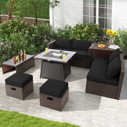 Topbuy 9 Pieces Outdoor Patio Furniture Set with 35-Inch Propane Fire Pit Table Outdoor PE Wicker Space-Saving Sectional Sofa Set with Storage Box