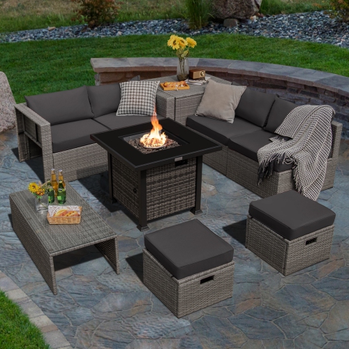 Topbuy 9 Pieces Outdoor Patio Furniture Set with 32-Inch Propane Fire Pit Table Outdoor PE Wicker Space-Saving Sectional Sofa Set with Storage Box