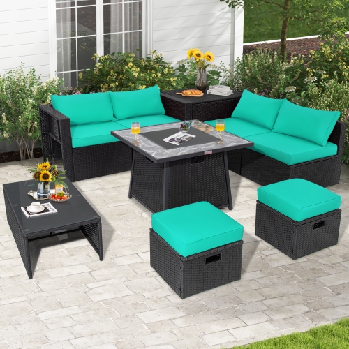 Topbuy 9 Pieces Outdoor PE Rattan Wicker Sectional Sofa with 35-Inch Gas Fire Pit Table Space-Saving Patio Conversation Set with Storage Box
